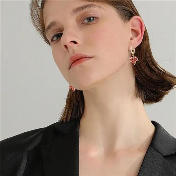 Crystal Maple Leaf Earrings | Sparkly Orange Red Dangle Drops - Picture 3 of 7